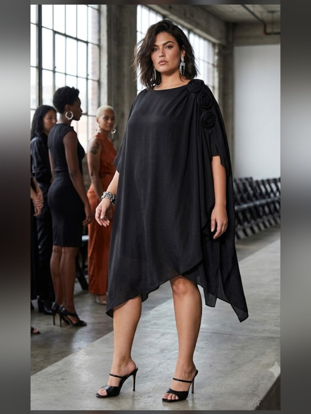 KOH KOH Black Asymmetric Rosette Draped Tunic Dress Size 1X